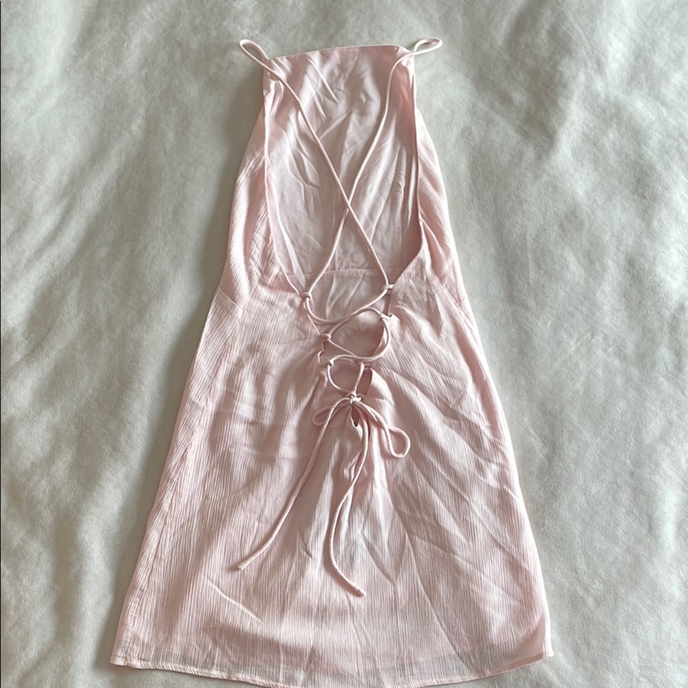 Light Pink Lace Back High Neck Mini Dress